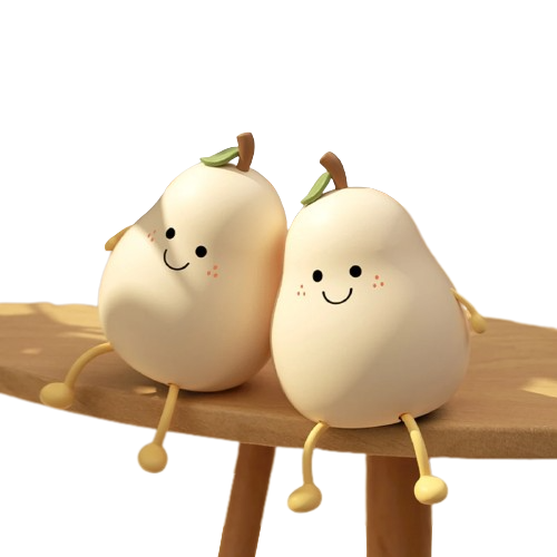 2 veilleuse poire vu de face, sur fond blanc, dans une position assise sur le bord d'une table