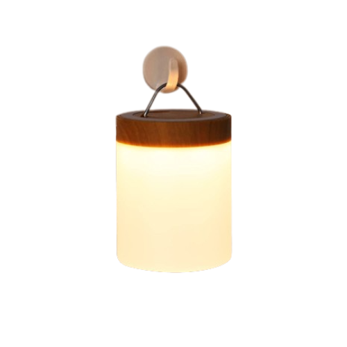 on y voit la Lampe cylindrique vu de face sur un fond blanc, le produit est suspendu a l'envers sur une accroche via la petite boucle dont dispose le produit