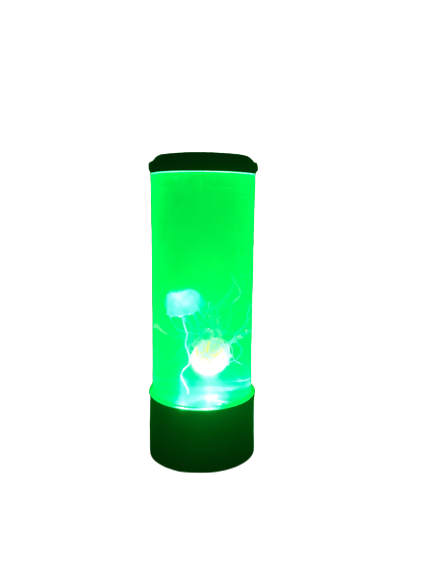 La lampe a méduse vu de face sur un fond blanc, la lampe est cylindrique et comporte 2 méduse à l'intérieur, produit de couleur noire et couleur LED verte