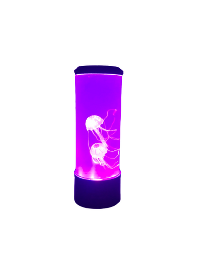 La lampe a méduse vu de face sur un fond blanc, la lampe est cylindrique et comporte 2 méduse à l'intérieur, produit de couleur noire et couleur LED violette