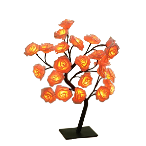 La lampe rosier vu de face, sur un fond blanc, couleurs des branches noires et couleurs des roses rouges