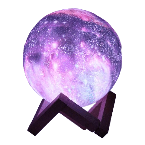 la lampe moon sur son support en bois, sur un fond blanc, couleur de la lampe violet