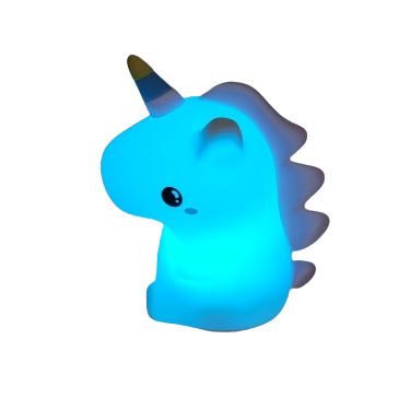 La licorne veilleuse vu de profil sur un fond blanc, couleur de Led bleue