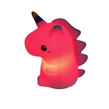 La licorne veilleuse vu de profil sur un fond blanc, couleur de Led rouge