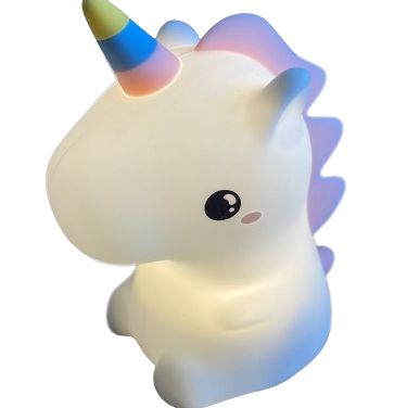 La licorne veilleuse vu de profil sur un fond blanc, couleur de Led blanche