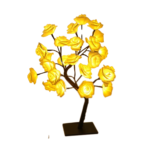 La lampe rosier vu de face, sur un fond blanc, couleurs des branches noires et couleurs des roses jaune