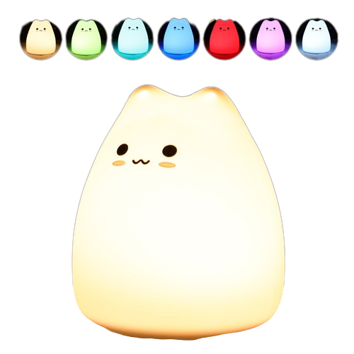 La veilleuse chat vu de face sur fond blanc, variante du produit: chat adorable, et au dessus les 7 couleurs LED disponibles