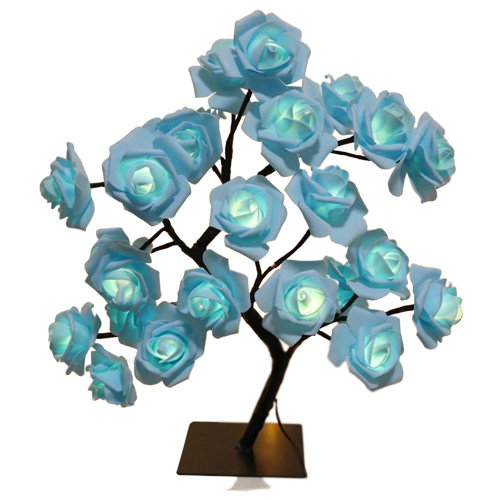 La lampe rosier vu de face, sur un fond blanc, couleurs des branches noires et couleurs des roses bleues