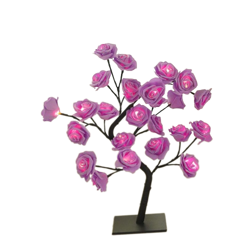 La lampe rosier vu de face, sur un fond blanc, couleurs des branches noires et couleurs des roses violettes