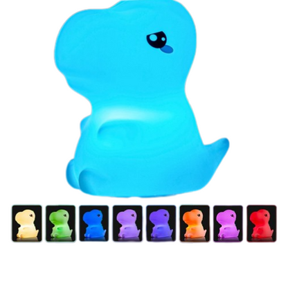 La veilleuse dinosaure vu de profil/face, sur un fond blanc, en couleur bleue, avec en dessous les 8 couleurs LED sélectionnables