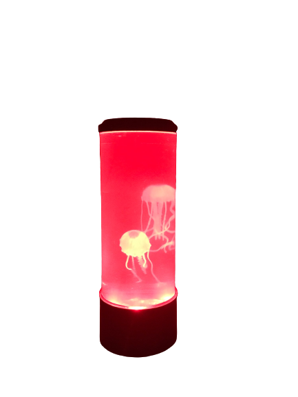 La lampe a méduse vu de face sur un fond blanc, la lampe est cylindrique et comporte 2 méduse à l'intérieur, produit de couleur noire et couleur LED rouge